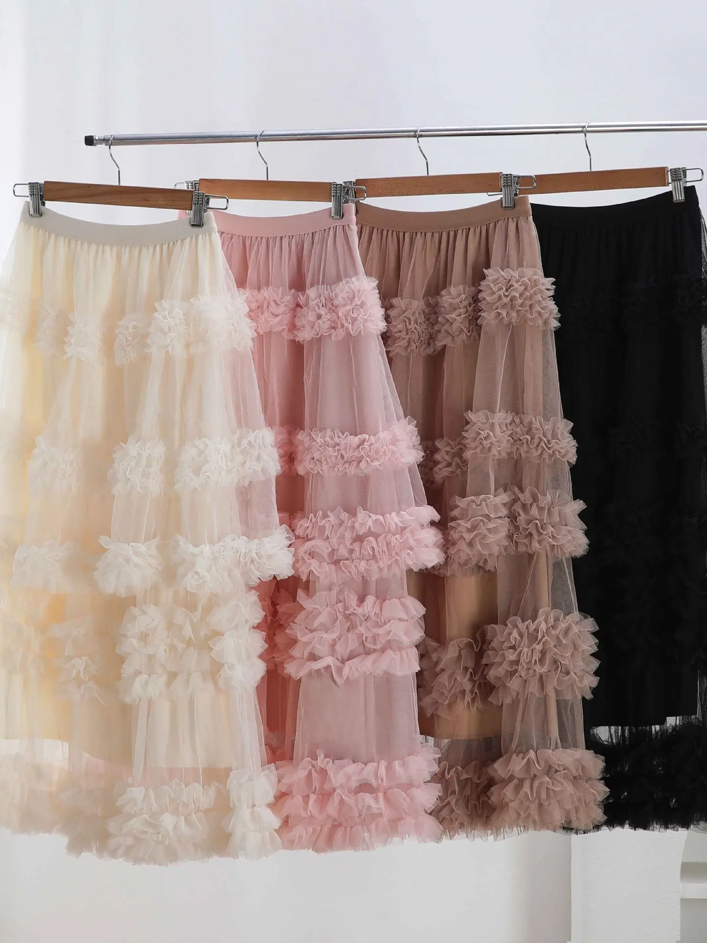 

Multi-Layered Me Pink Cake Skirt for Girls Street Sle Polyester Fabric Midi Skirt with Decoration Stitching A-Line Skirt