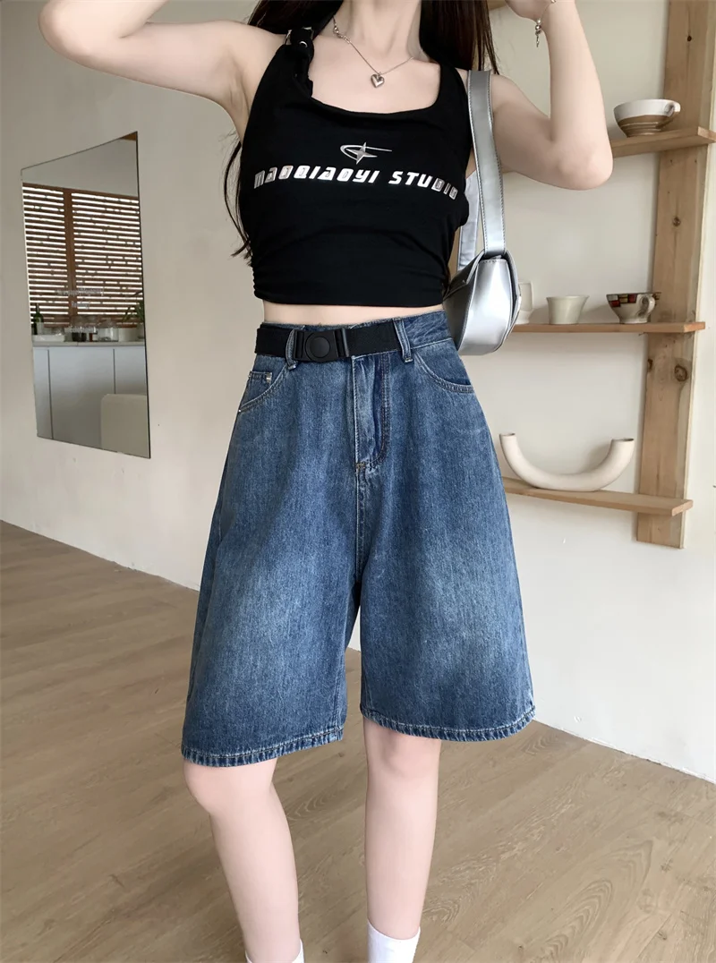 Summer New Retro American High Waist Slimming 5/4 Shorts Casual Denim Wide Leg Pants for Women