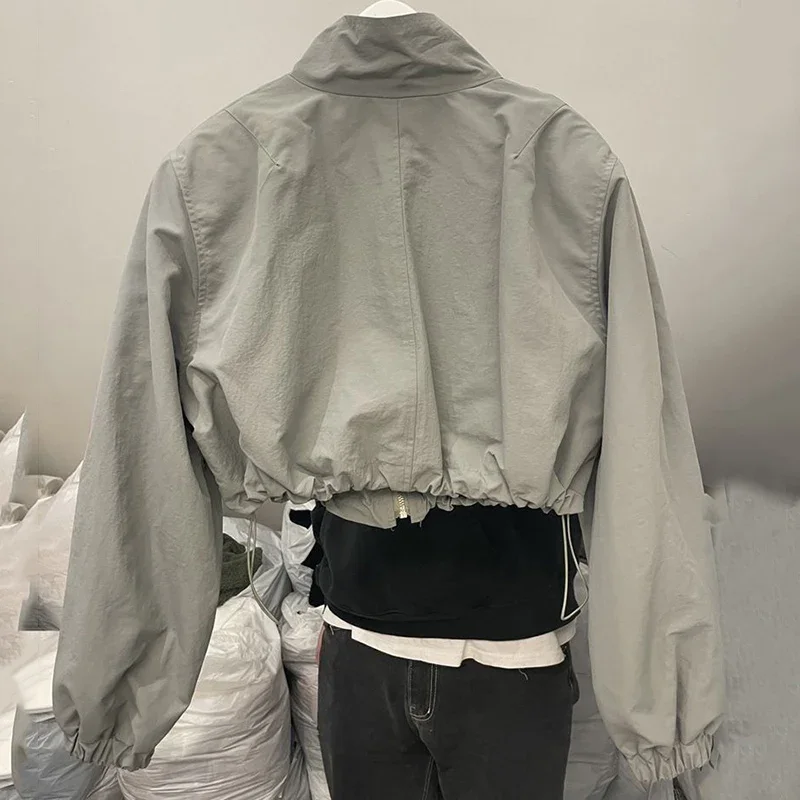 Y2K Autumn Crop Coats Women Fashion All Match Drawstring Short Track Jacket Korean Streetwear Loose Zipper Jogging Windbreaker