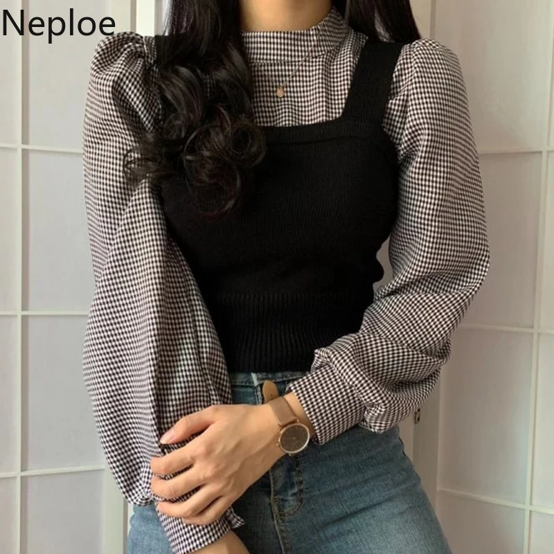 Neploe Women Plaid Shirts Tops Elegant Sets Lantern Sleeve Blouse Slim Knit Cropped Sweater Vest 2023 Korean Two Piece Suits