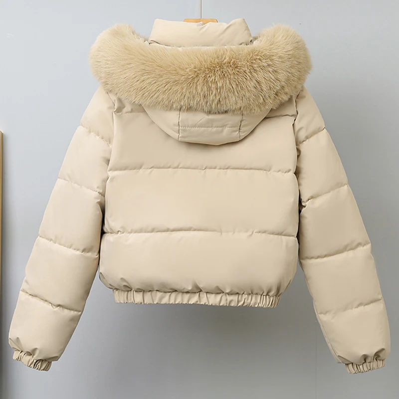 معطف شتوي من القطن بياقة كبيرة للنساء على الطراز الكوري مع قلنسوة وسميكة ودافئة وقصيرة مبطنة ملابس فضفاضة مبطنة #4