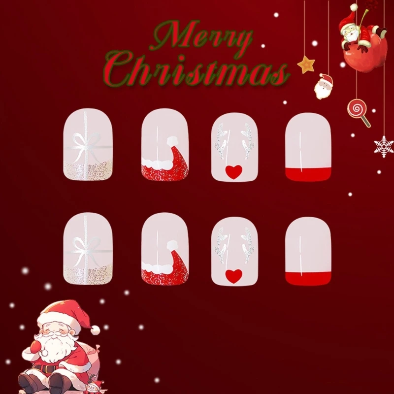 Celebrate Christmas With 24 Elegant Press On Nails Short Square False Nails With Silver Glittering Elk Designs E1YF