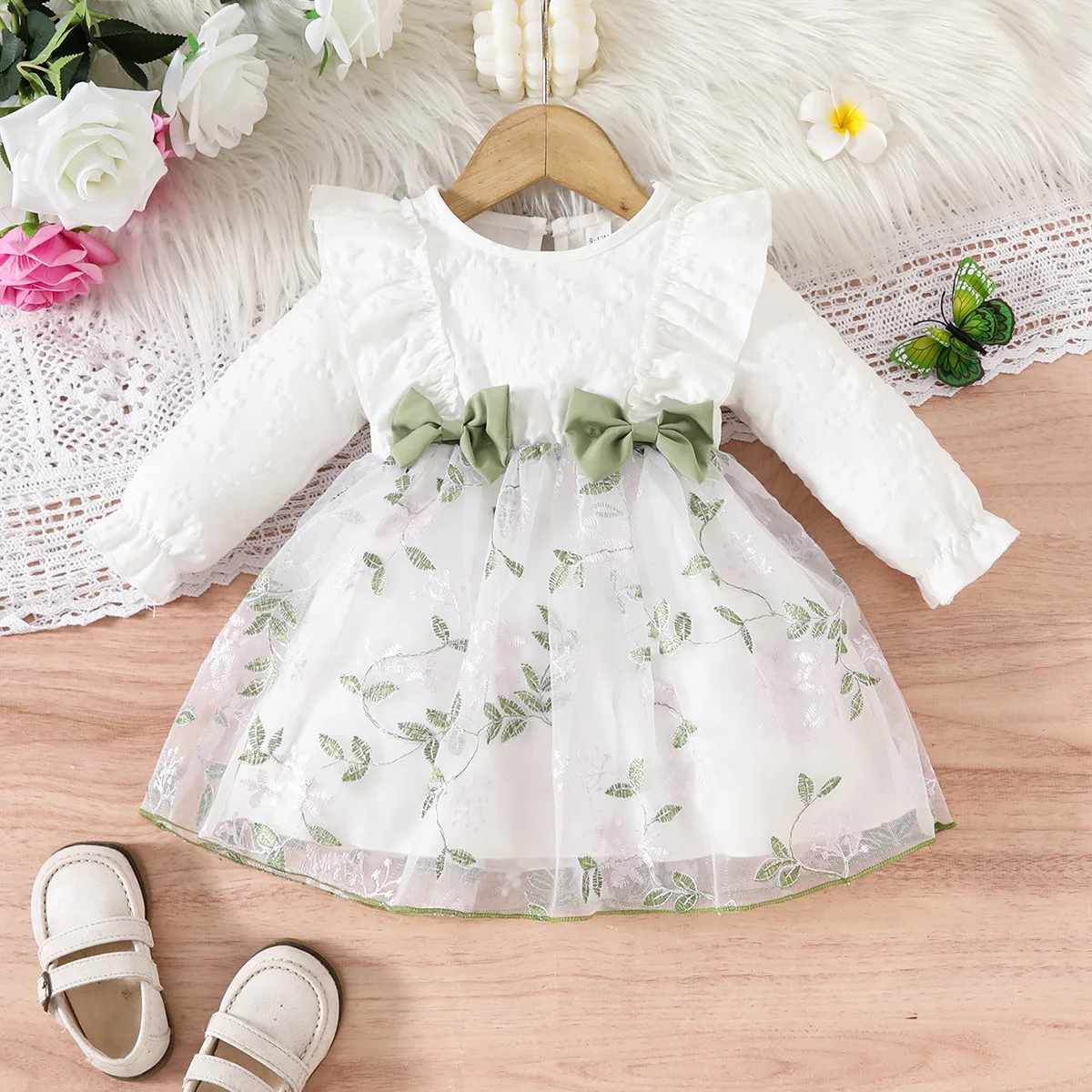 Winter 2024 Girls Dress Girls Long Sleeve O Neck Bow Ruffles White Cute Preepy Look Birthday Party Dresses Vestidos 6M-3T