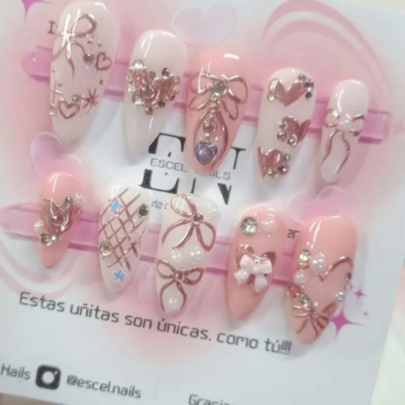 24 قطعة شبكة القوس الوردي اضغط على الأظافر كاذبة مع القلب حجر الراين اللؤلؤ غطاء كامل الأظافر نصائح منتصف طول اللوز يمكن ارتداؤها الأظافر وهمية #1