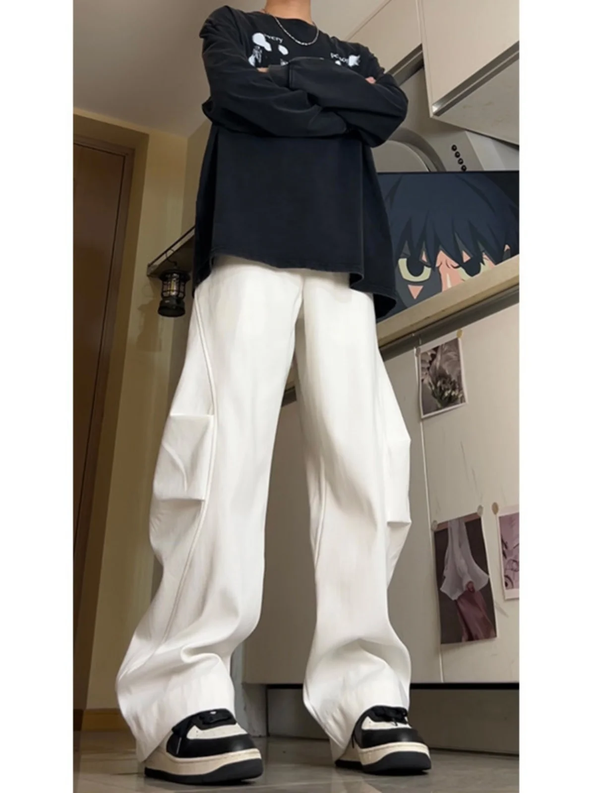 

White Premium Men's Spring Autumn Arc American Workwear Loose Straight Pure Cotton Casual Long Pants Knife Trousers