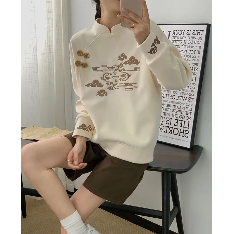 Loose Long Sve Hoodie Women's Faionable Traditional Chinese Sle Comfortable Quali round Ne Pullover Top