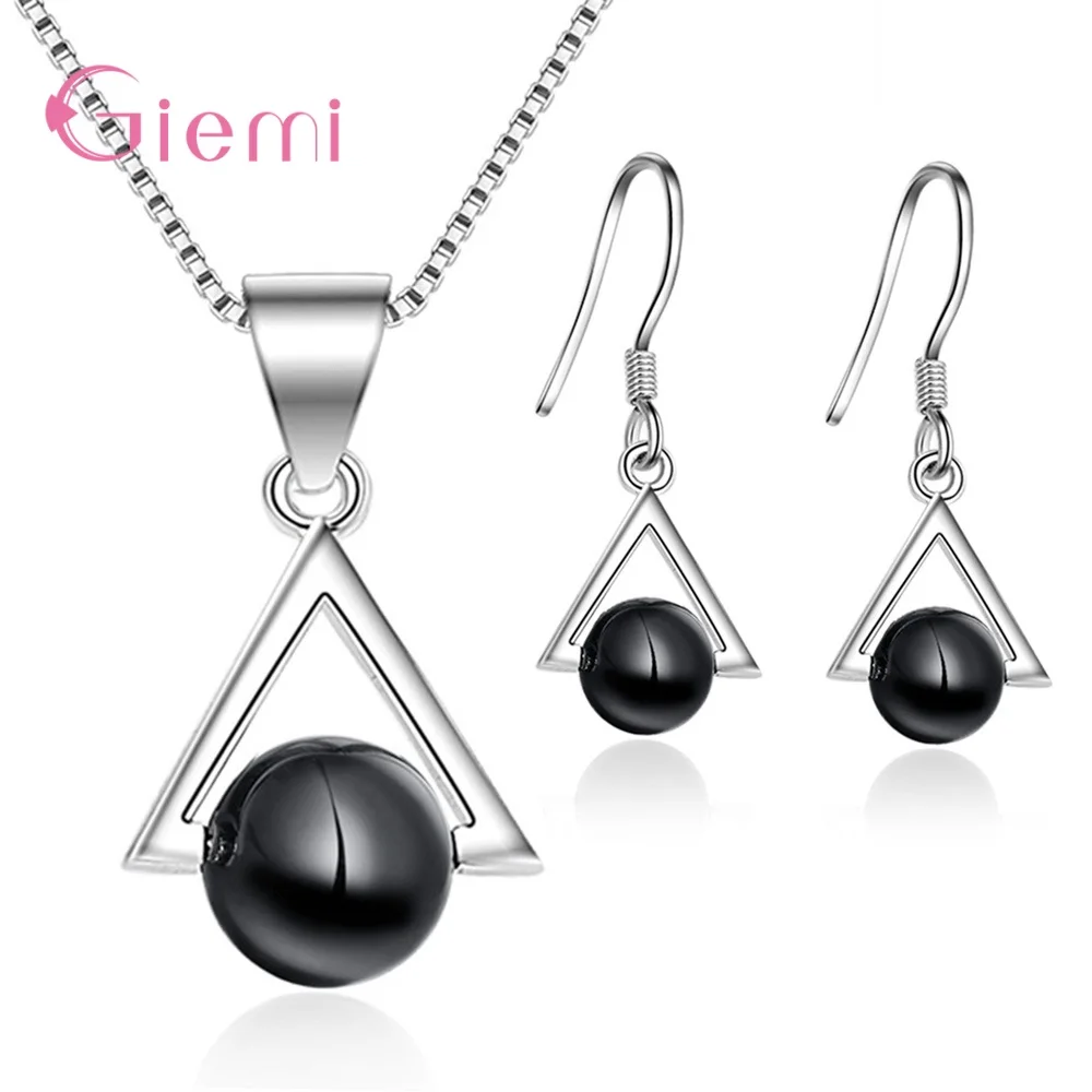 Simple 925 Sterling Silver Triangle Black Ball Necklace Drop Earrings Set For Women Girls Anniversary Party Fashion Jewelry Gift