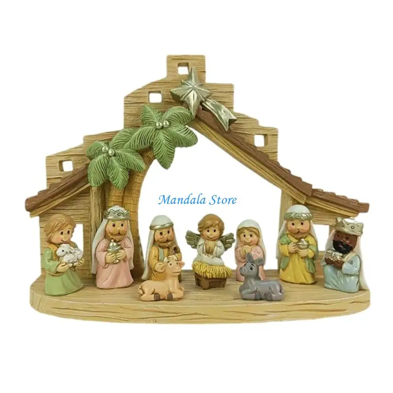 

U2JC Christmas Nativity Set Holy Family Resins Figurine Statue with Stable Miniature Christmas Nativity Scene Sculptures
