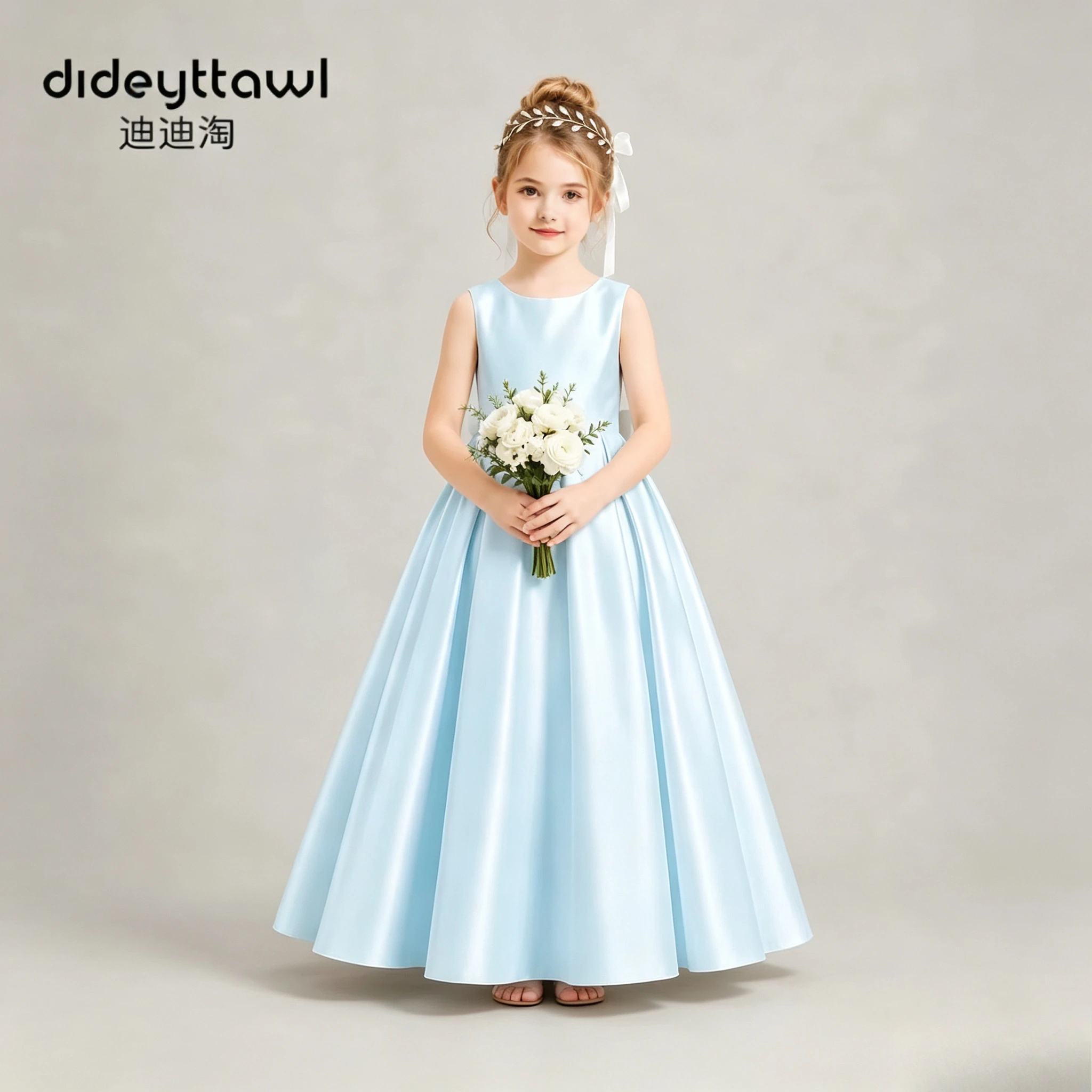Dideyttawl Sleeveless Satin Flower Girl Dress Lace V Back Big Bow Long Gown Multi Color Kids Wedding Bridesmaid Pageant Birthday