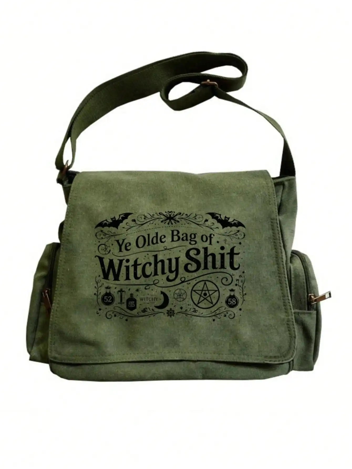 Valentine's Day Large-capacity Flip-top Retro Tote Messenger Bag Printed Pattern Contains Bat Pentagram Moon Wand and Mysterious Symbol Text