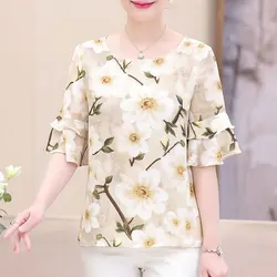 Female Clothing Casual Floral Printed Chiffon Pullovers Summer Flare Sleeve Fashion Patchwork Loose Round Neck Korean T-shirt