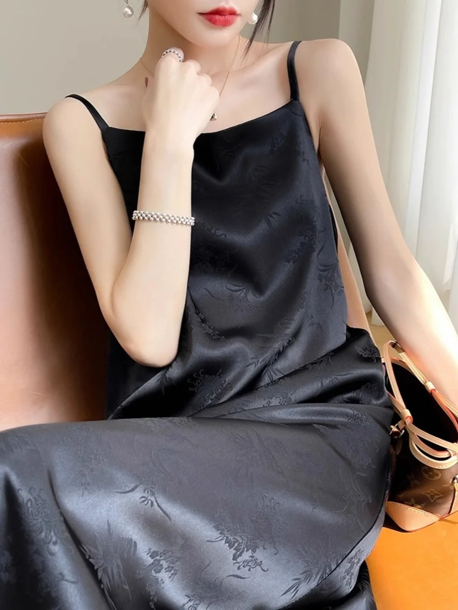 Ele soie Satin longue Dr femmes été nouveau Sle t-shirt acétate broderie Strapl a-ligne robe Ele Sensation minceur