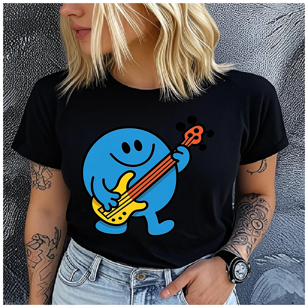 100% Cotton Cute Blue Smiley Play Bass Guitar Print Women T Shirt Cartoon Music Graphic Tee Casual Short Sleeve Summer Ladies