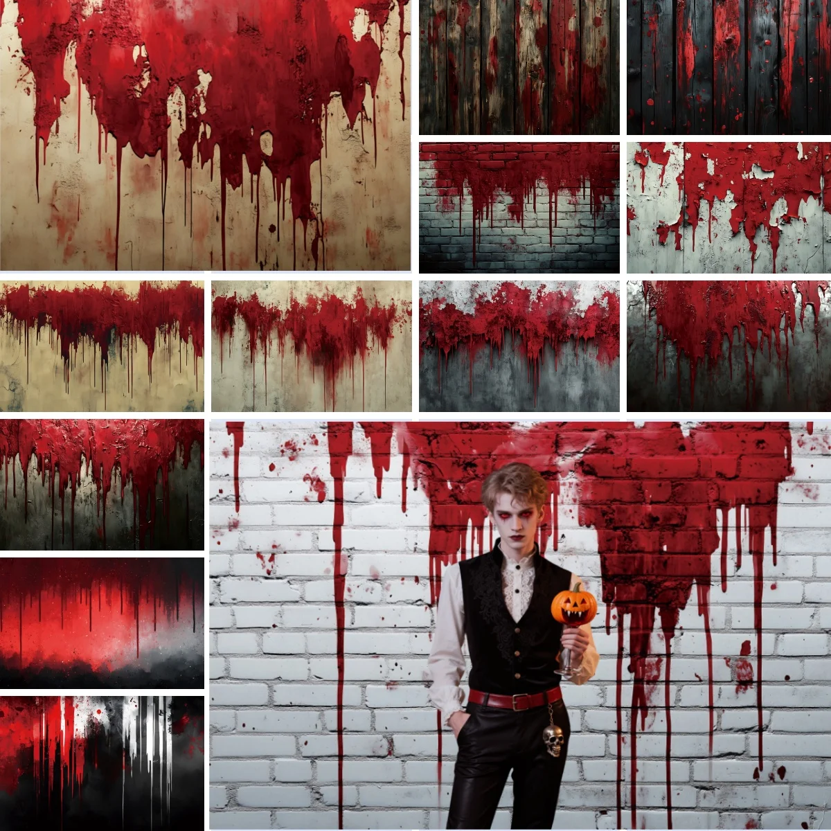 Horror Halloween Photography Backdrop Red Bloody Wall Wooden Board Kids Family Halloween Party Decoration Photo Background Props