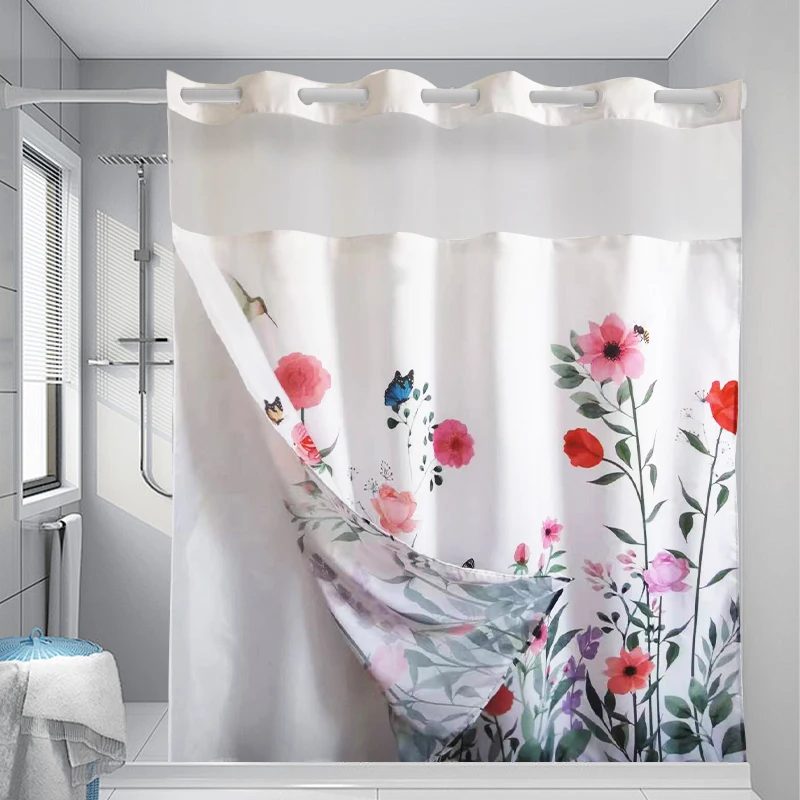 1pc fresh garden wind and flowers double layer with yarn cut large ring shower curtain, polyester waterproof fabric, toilet wate