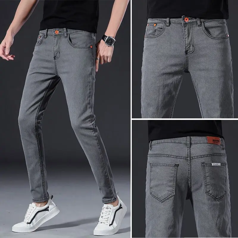 

Модные молодежные джинсы, мужские новые корейские версии, повседневная рабочая одежда, эластичные облегающие длинные брюки со средней талией на молнии, Multi kets
