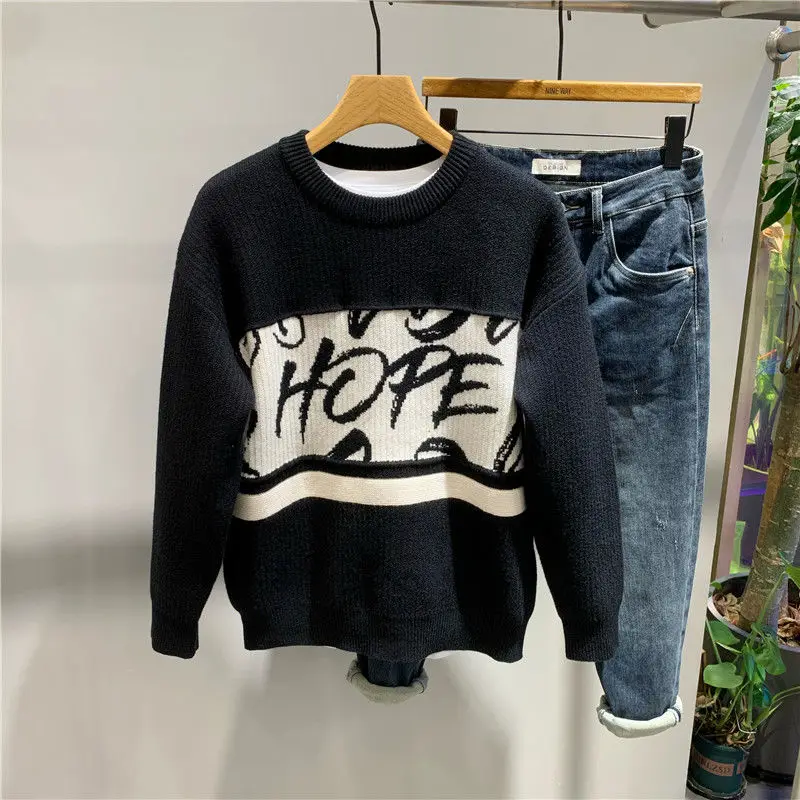 Autumn Winter New Fashion Round Neck Long Sleeve Printing Letter Pullovers Men's Clothing Casual All-match Youth Knitting Tops