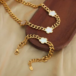 Stainless Steel New Hip Hop Plant Five Leaf Flower Set Shell Bracelet Necklace Women's Minimalist Cuban Chain Clover