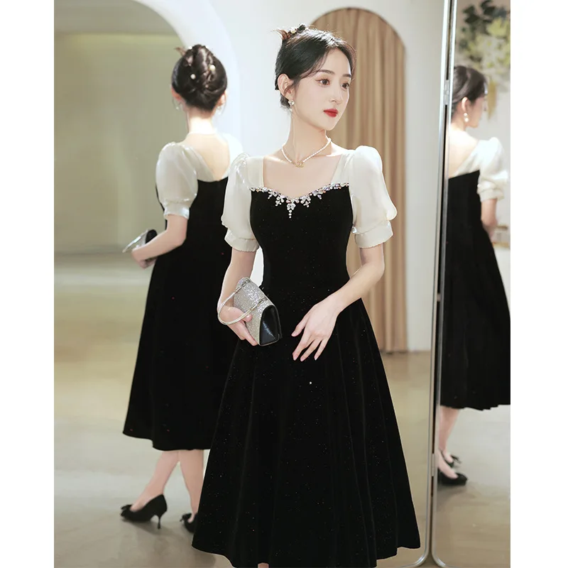 GIYSILE Abiti da sposa neri Abito da sposa a maniche corte per fidanzamento Abiti da sera con colletto quadrato Abiti da festa