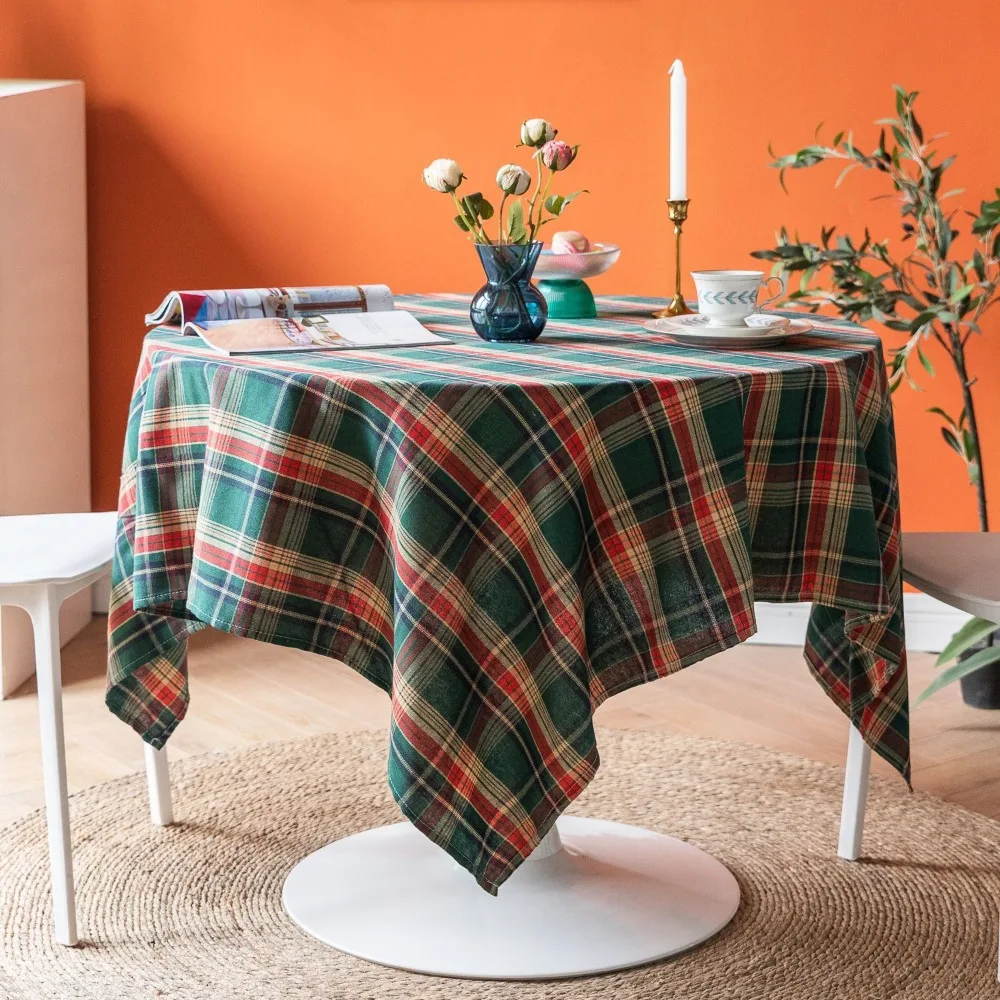 Scottish Plaid Pastoral Tablecloth Fabric Art Cotton Linen Square Tablecloth Literary Round Dining Table Mat Square Tablecloth