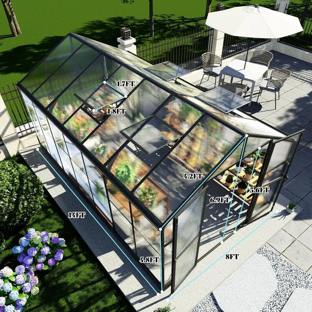 8x14x7FT Greenhouse with Quick-Connect System, 4 Vent Windows and Swing Door, Outdoor Walk in Polycarbonate Greenhouse