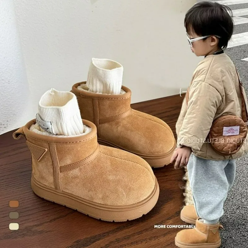 Boys and Girls Platform Snow Boots 2024 Winter New Retro Matte Leather Velvet Warm Non-slip Short Boots