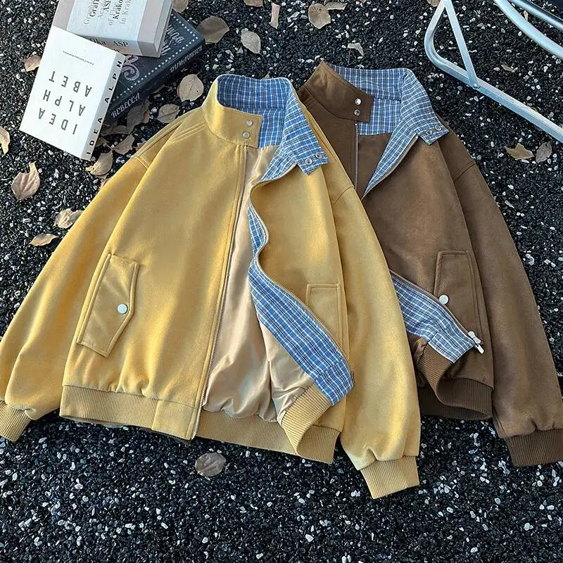 

Korean Style Vintage Patchwork Plaid Pilot Faux Suede Jacket Double-Zip Design Jackets Loose-Fit Utility