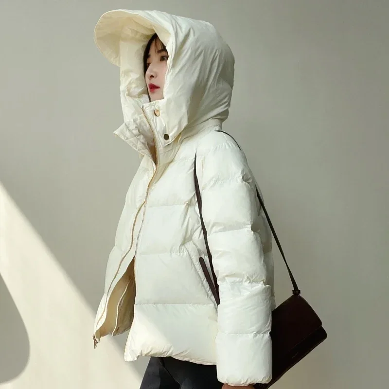 

Fluffy Warm Hooded White Goose Down Jacket Women 2024 New High-end Simple Solid Casual Thickened Parkas Winter Down Coats