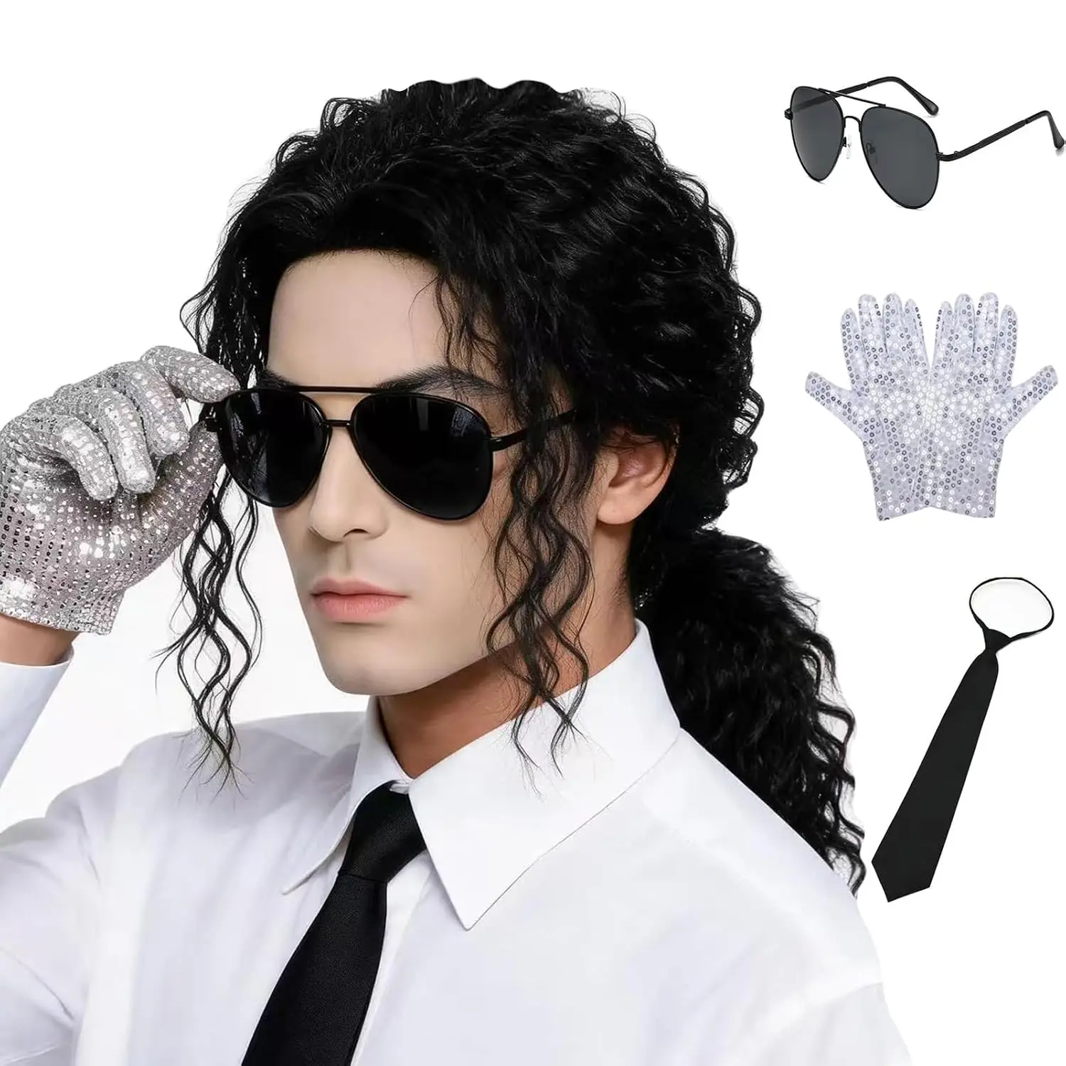 Men's 70s 80s Costume Wig with Glove Tie and Sunglasses Black Long Curly Mullet Ponytail Synthetic Rocker Wigs Halloween