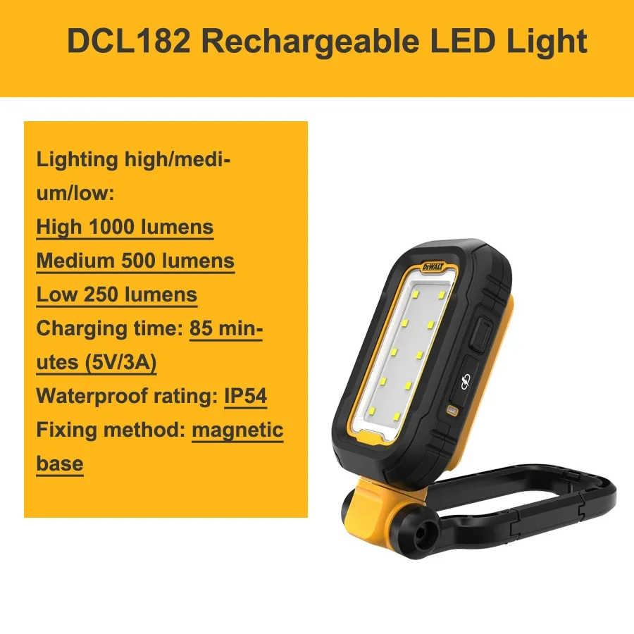 DEWALT DCL182 LED Work Light with Magnetic Base USB-C Recharge 1000 Lumens 3-grade Adjustment IP54 Dust & Waterproof Task Light