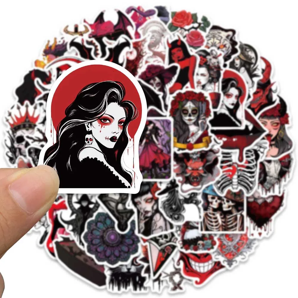 10/50pcs Red Gothic Horror Skull Witch Stickers Punk Graffiti Decals Laptop Motorcycle Skateboard Phone Cool Waterproof Sticker