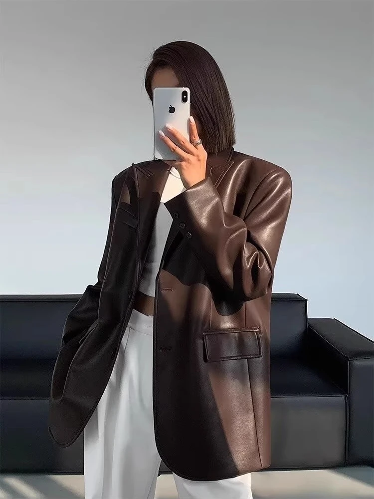 Vintage Autumn Black Brown Soft Pu Leather Blazer Women Biker Coat Long Sleeve Flap Pocket Suit Jacket Oversized Streetwear