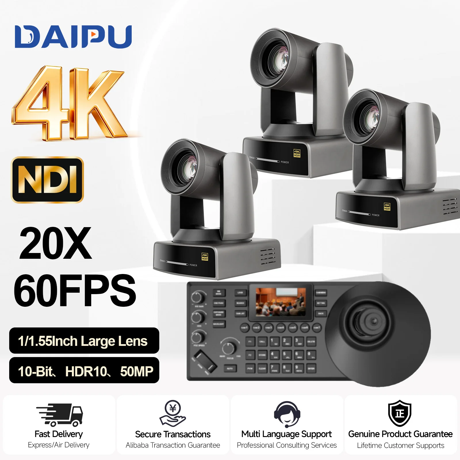 DAIPU Câmera PTZ NDI 4KP60 20X Óptico HDMI USB SDI LAN POE Rastreamento por IA para Igreja Conferência Vivo com YouTube Live