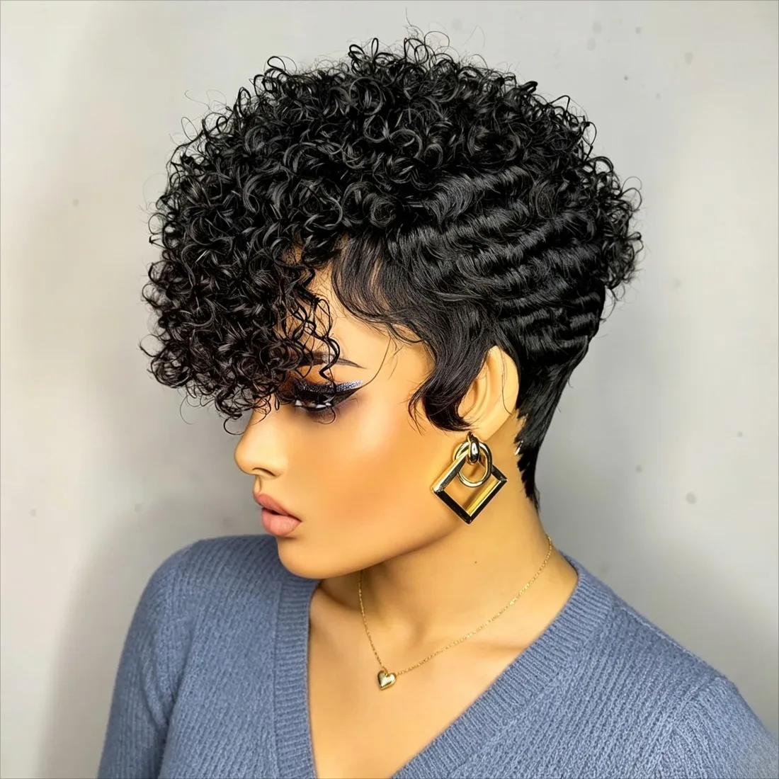 Afro Jerry Curly Layered Pixie Cut Wig Human Hair, Brazilian Virgin Short Wig With Bangs Chic Voluminous Hairstyle for Black Wom