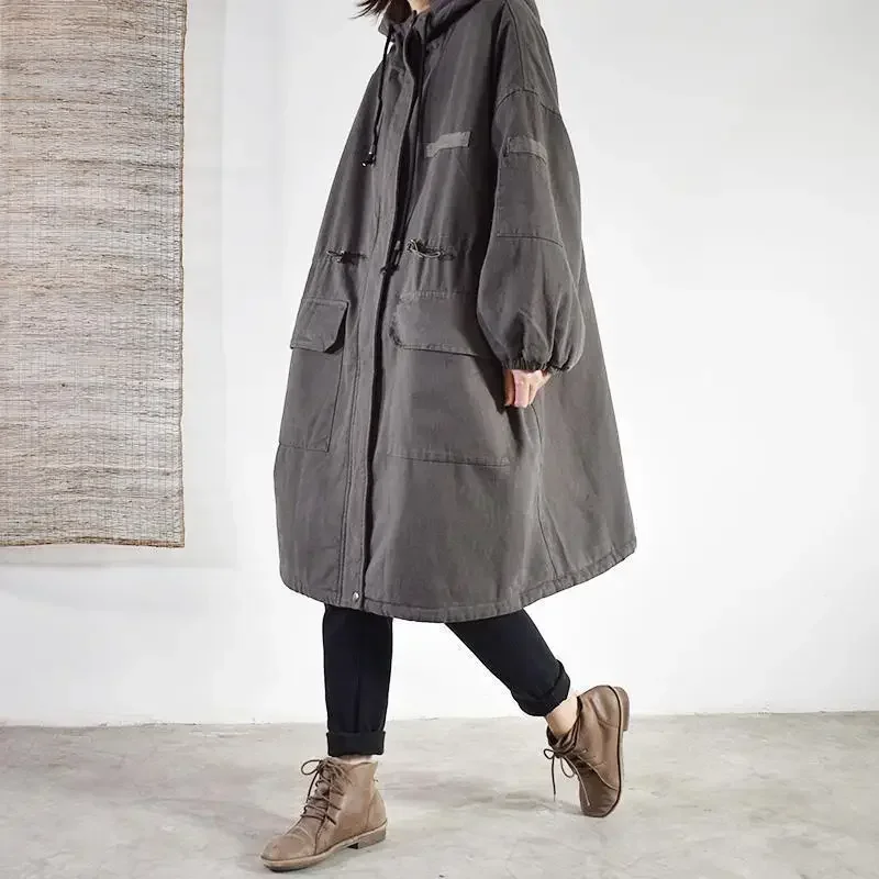 Outono e inverno feminino oversized com capuz viajando à prova de vento jaqueta de algodão
