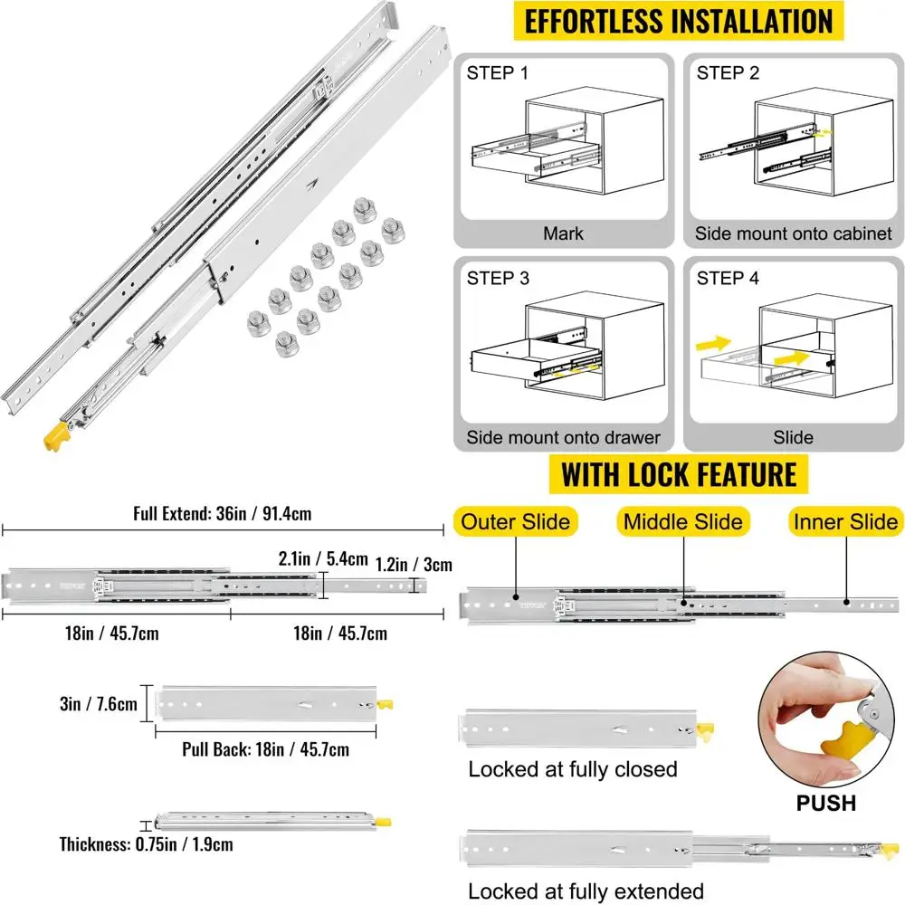 

Выдвижные направляющие с полным выдвижением, 18 дюймов, пара, вместимость 500 фунтов, боковое крепление, шарикоподшипник, 3 раза, сверхмощное хранилище Soluti