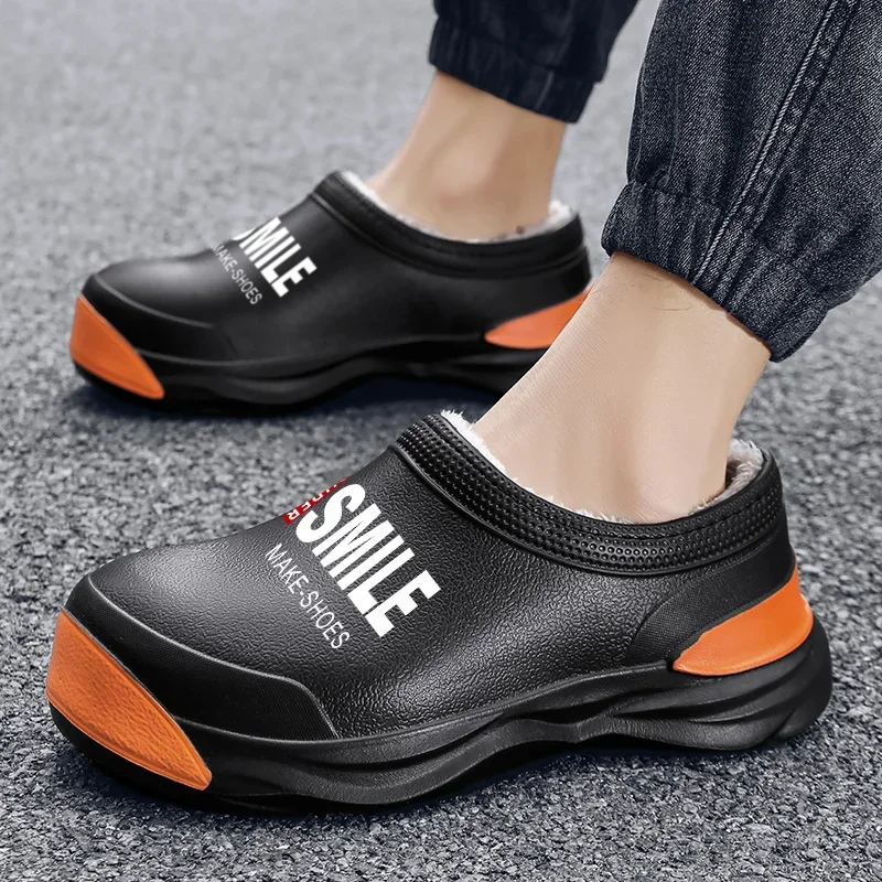 Chef Shoes Add Velvet Waterproof Men Indoor Warm Plush Footwear Men\'s Work Shoes Thick Bottom Non-Slip Men\'s Slippers Fashion