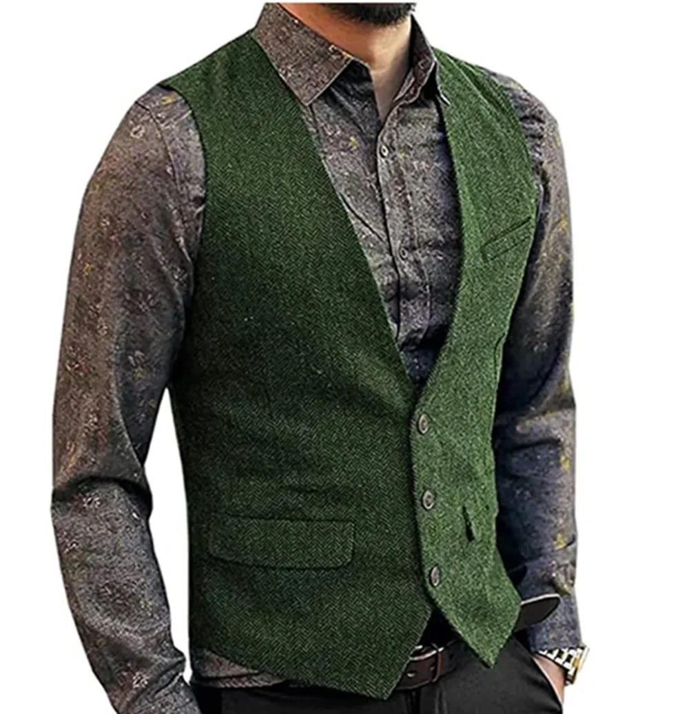 Black Flip Pocket Men Suit Vest V Neck Jacket Herringbone Tweed Business Waistcoat Wedding Groomman Clothing Victorian Steampunk