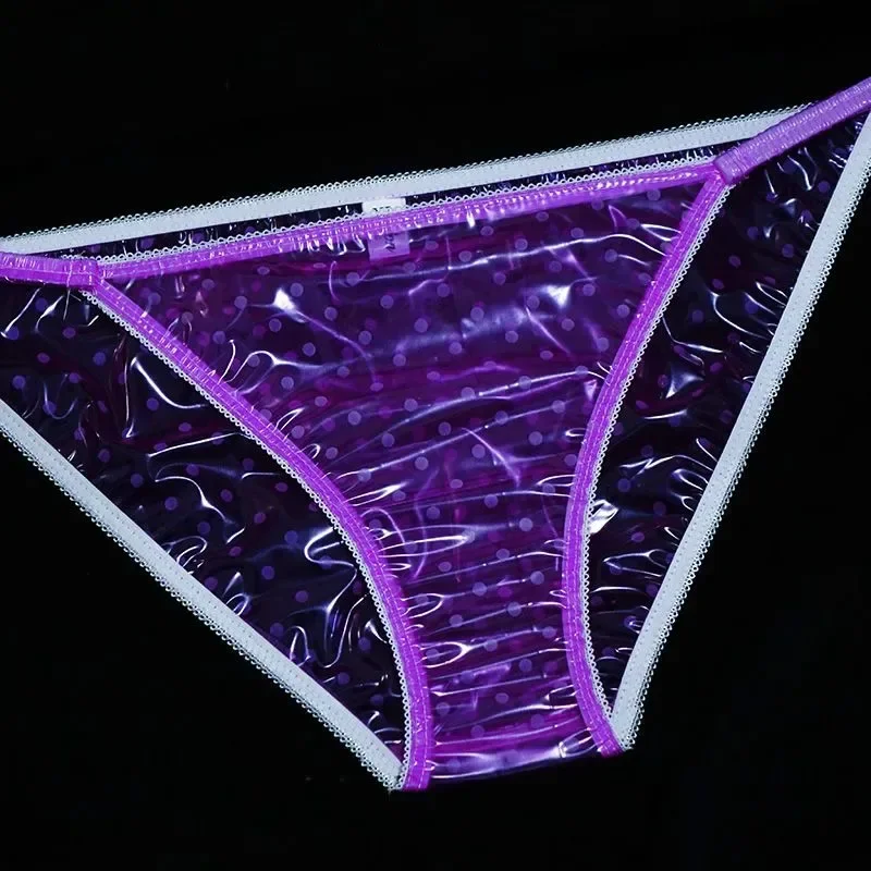 Women Sexy Transparent PVC Plastic Briefs Lace Soft Silent ABDL Panties Leak Proof Low Waist Couple Erotic Underpant Dance Party