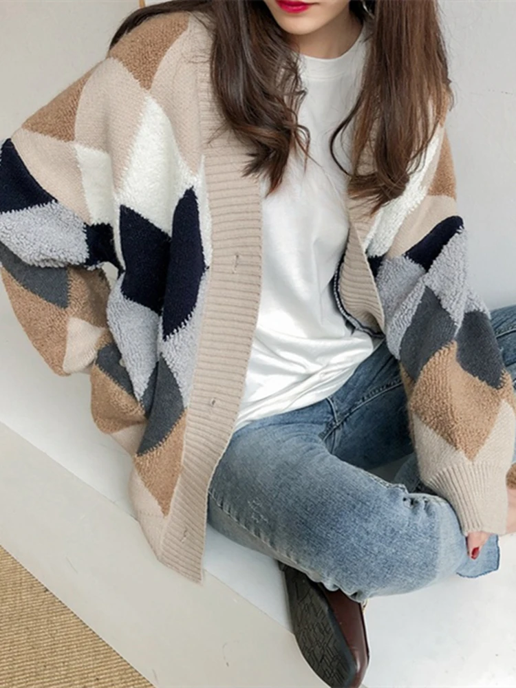 2024 Plaid Chic Cardigans Button Puff Sleeve Checkered Oversized Women's Sweaters Winter Spring Sweater Tops