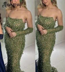 Boat Neckline Sage Green Party Dress With Long Sleeve Arabic Women Elegant Full Stones Formal Evening Dresses Vestidos De Noche