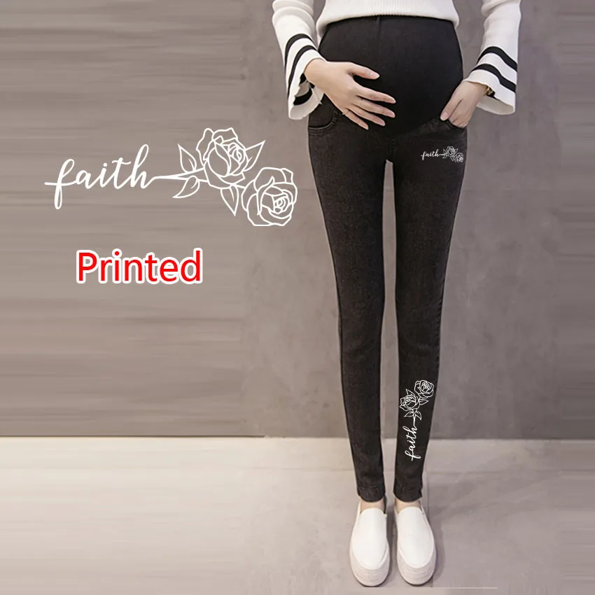

Maternity Pregnancy Skinny Trousers Jeans Pants Flower Petals Print Elastic Pregnant Women's Feet Stretch Denim Jeans