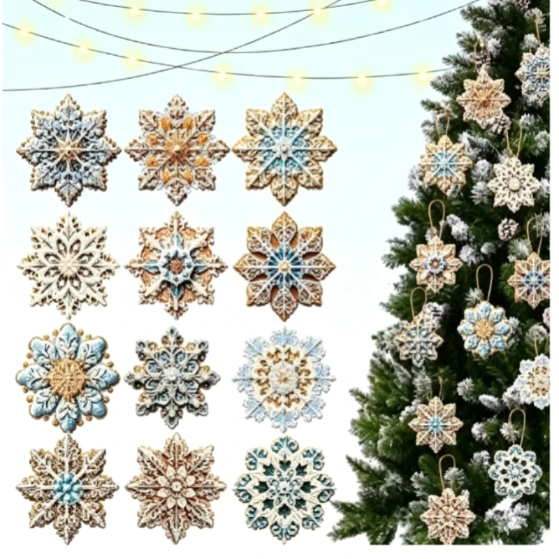 12Pcs Flat Wooden Christmas Snowflake Hanging Set – Party Window Wall Tree Decoration