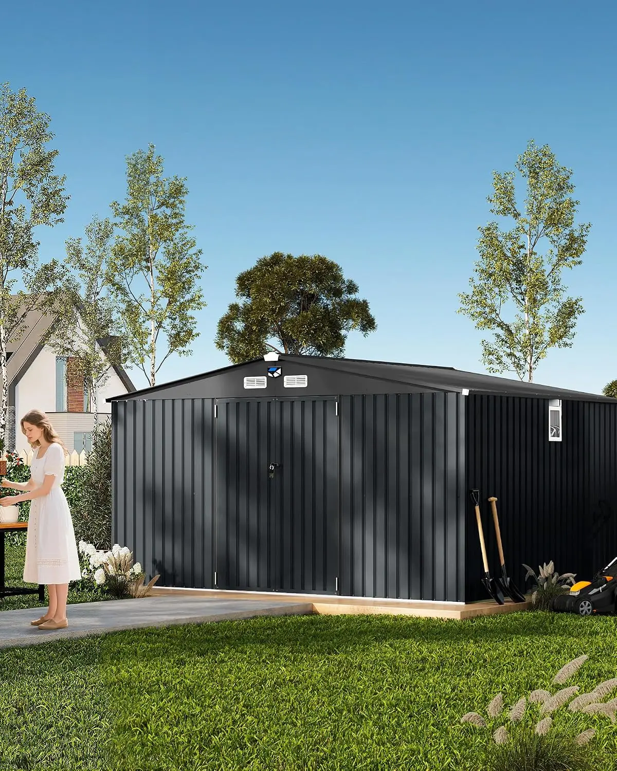 10x12 ft Metal Storage Shed Lockable Door Window, Galvanized Steel Shed Sloped Roof Backyard Garden Patio, Gray, Customized