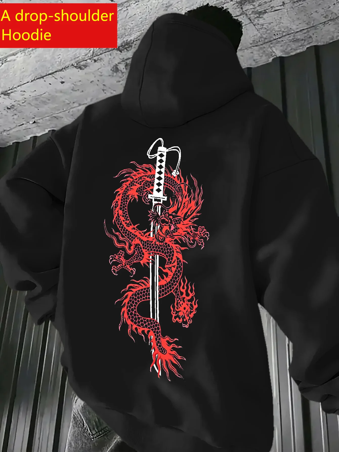 Men Samurai Dragon Sword Print Red Purple Drop Shoulder Hoodie Washable Pullover Sweatshirt Casual Daily Top Pullover Hoodie