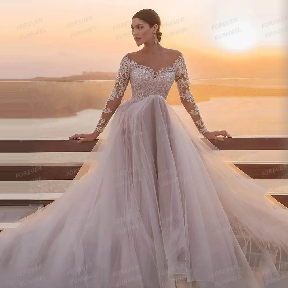 Luxury Illusion Wedding Dresses A Line Woman's Sexy Bride Gowns Customized Off Shoulder Appliques Long Sleeve Vestidos De Noche