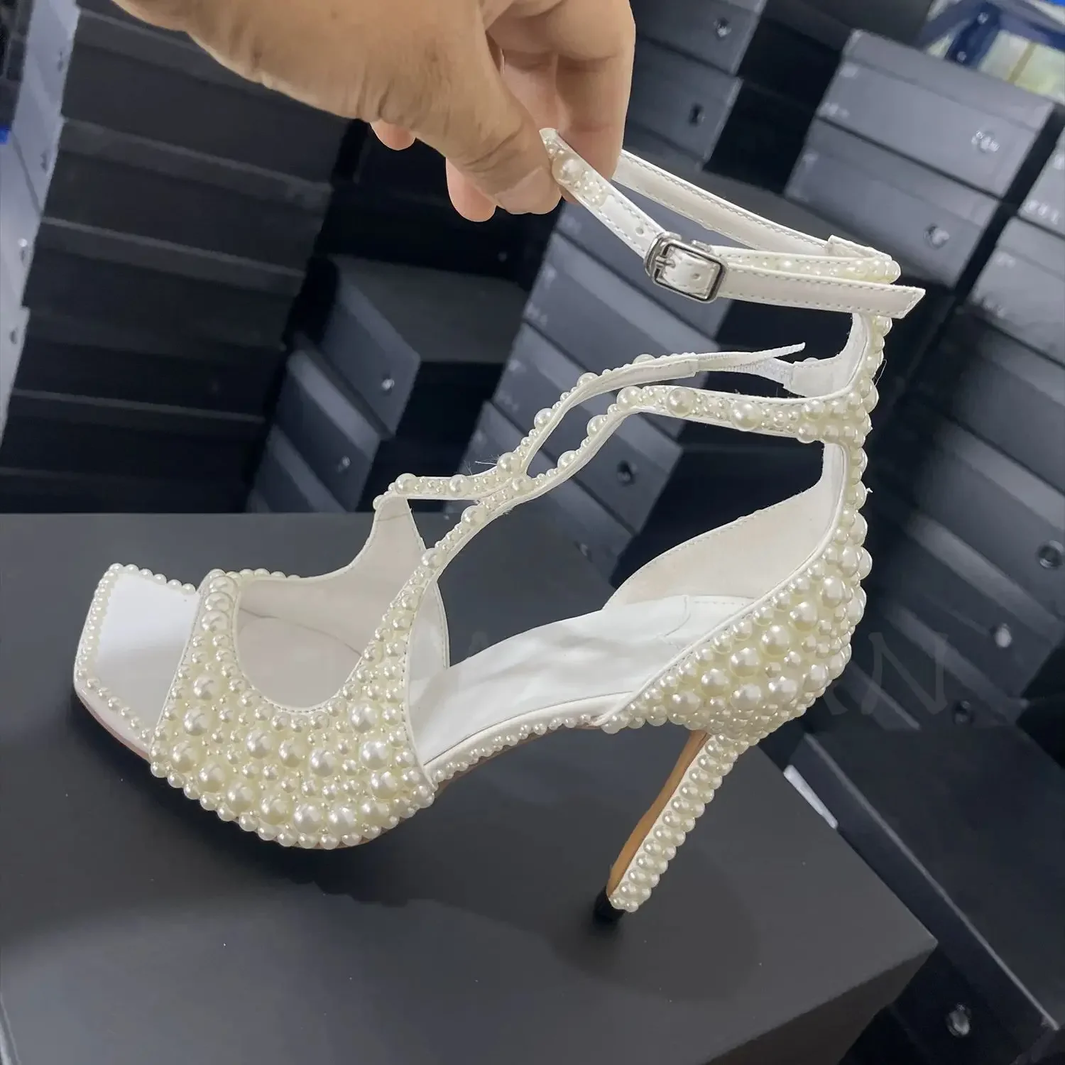 All-Over Pearls Heeled Summer Bridal Shoes White Satin Sandals Dress Wedding Shoes White Bride Platform Pumps Shoes For Women