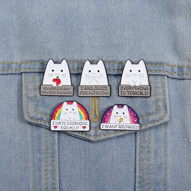 Cute Rainbow Cat Enamel Pins Custom I HATE EVERYONE EQUALLY Brooches Cartoon Kitten Lapel Badge Jewelry Accessories