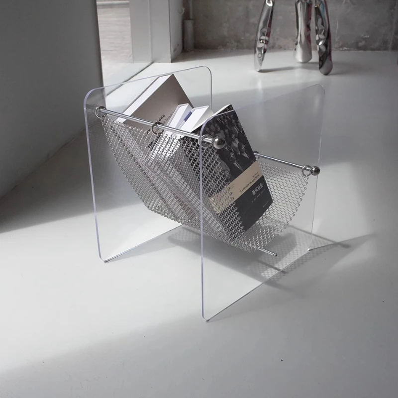 

Nordic Transparent Acrylic Magazine Rack - Metal Mesh Book Holder for Living Room/Office Minimalist Reading Storage Solution