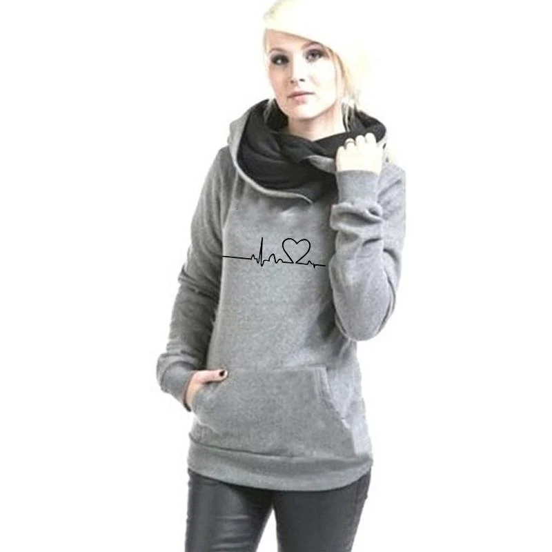 Sweatshirt bertudung wanita, Pullover kasual leher tinggi lengan panjang kerah Lapel Hoodie Mode